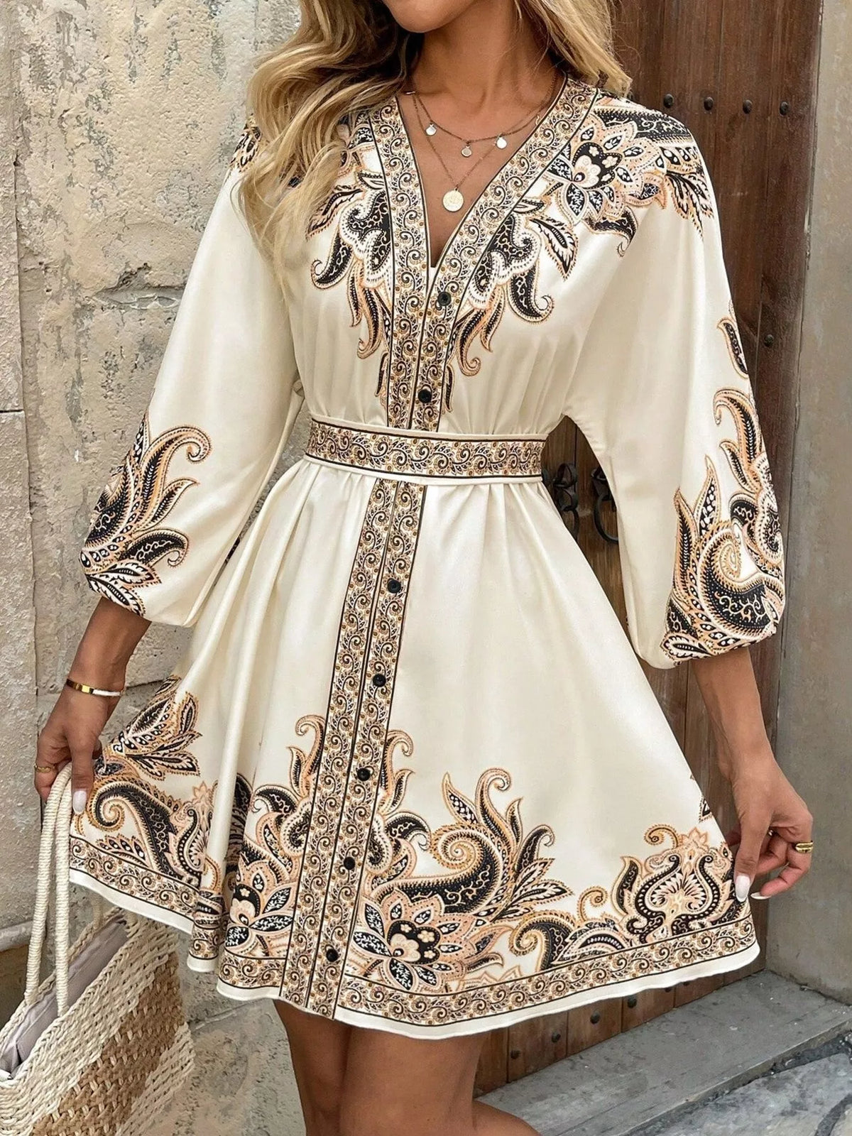 Paisley print V neck belted mini dress back view