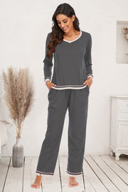 V-Neck Top and Pants Lounge Set Charcoal - Fashorio