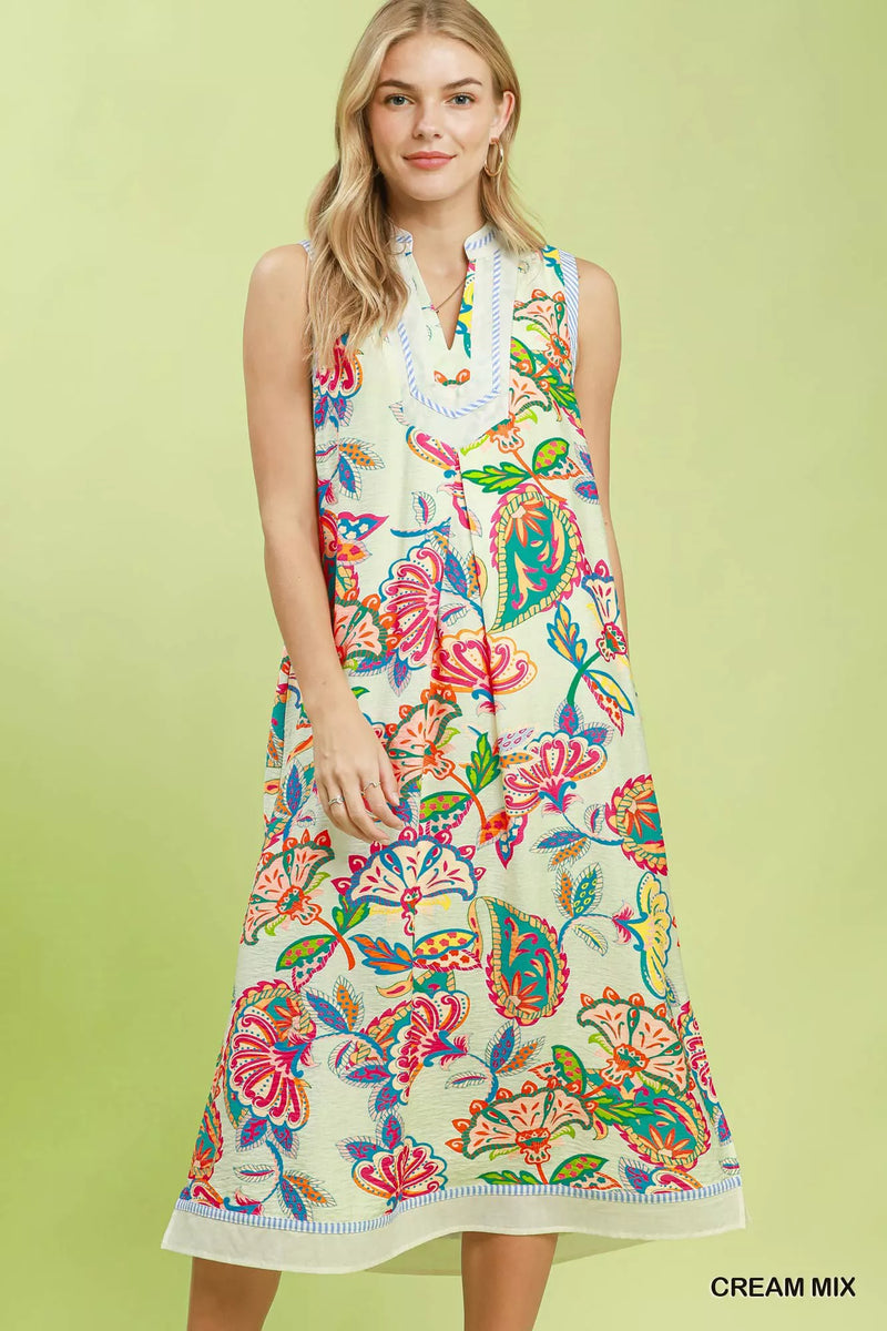 Cream paisley floral sleeveless midi dress front view