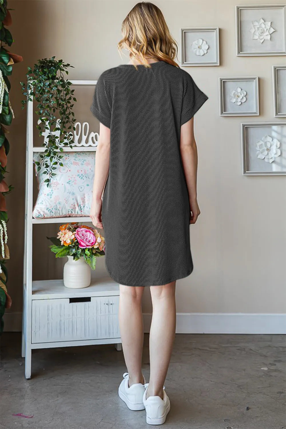 Ribbed Round Neck Short Sleeve Tee Dress close up