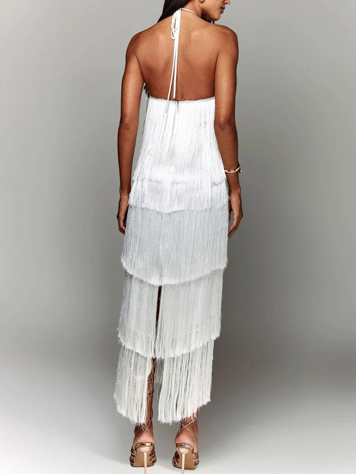 Red fringe halter dress movement shot