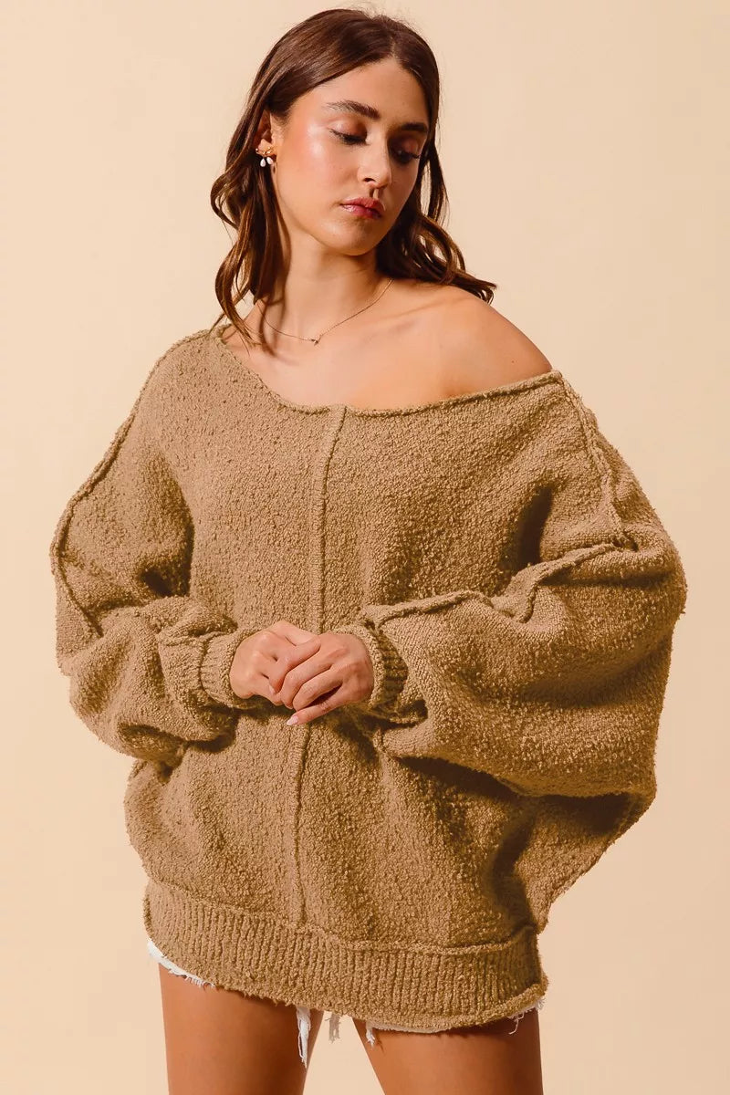 Slouchy Boucle Exposed Seam Sweater in Taupe