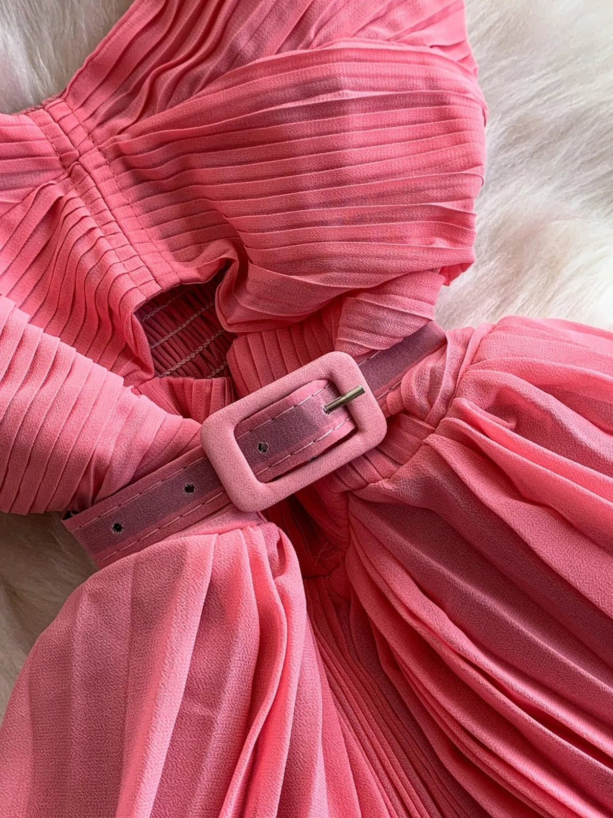 Pleated layered spaghetti strap midi dress styled look