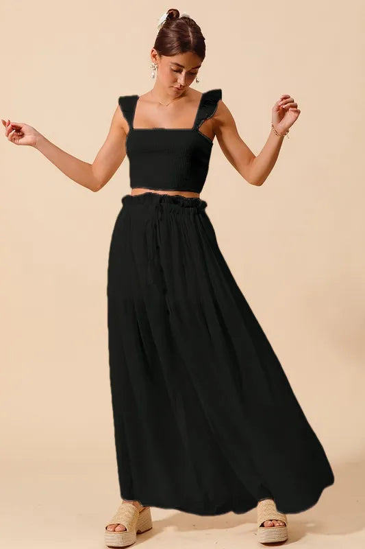 SO ME Smocked Top and Flowy Maxi Skirt Set BLACK - Fashorio