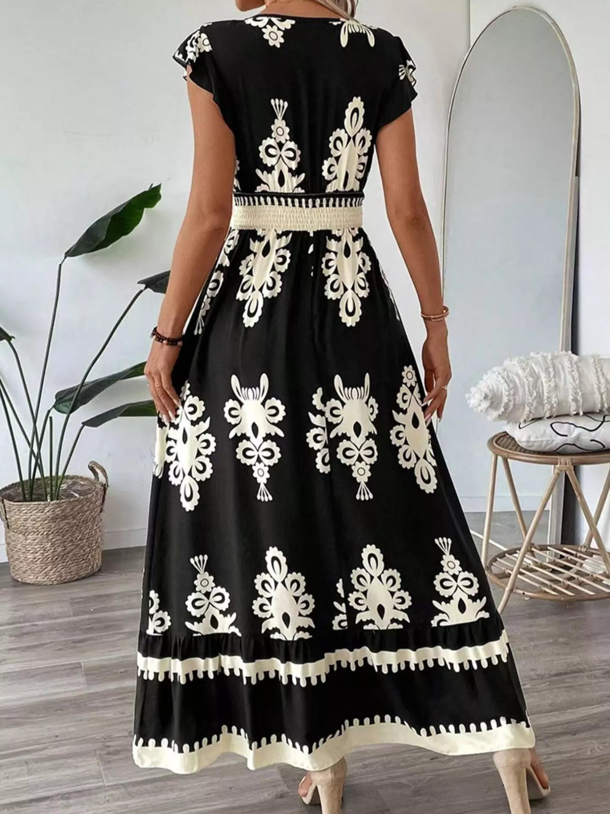 ruffle print v neck maxi dress waist detail