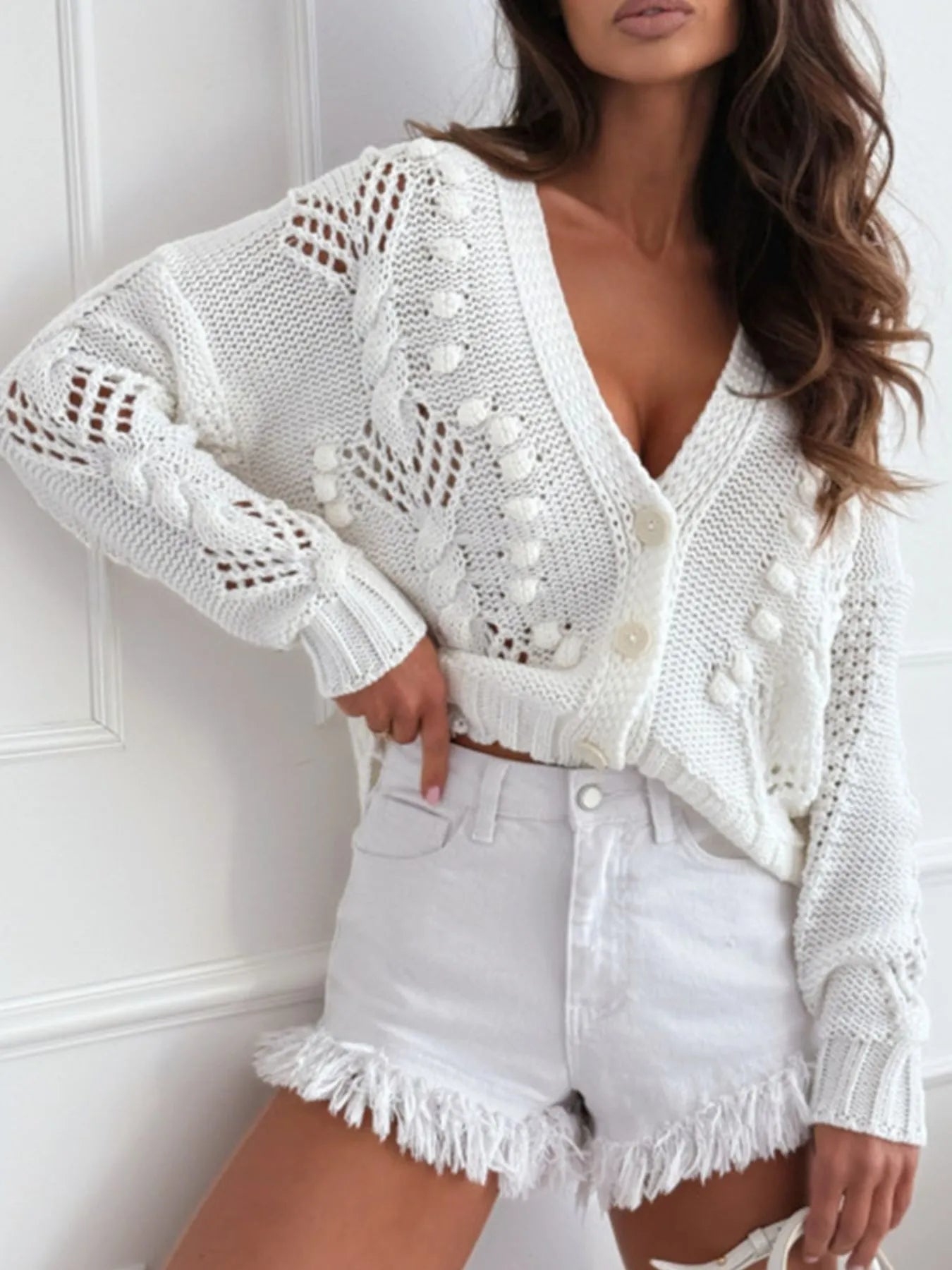 Button Up V-Neck Cardigan White - Fashorio