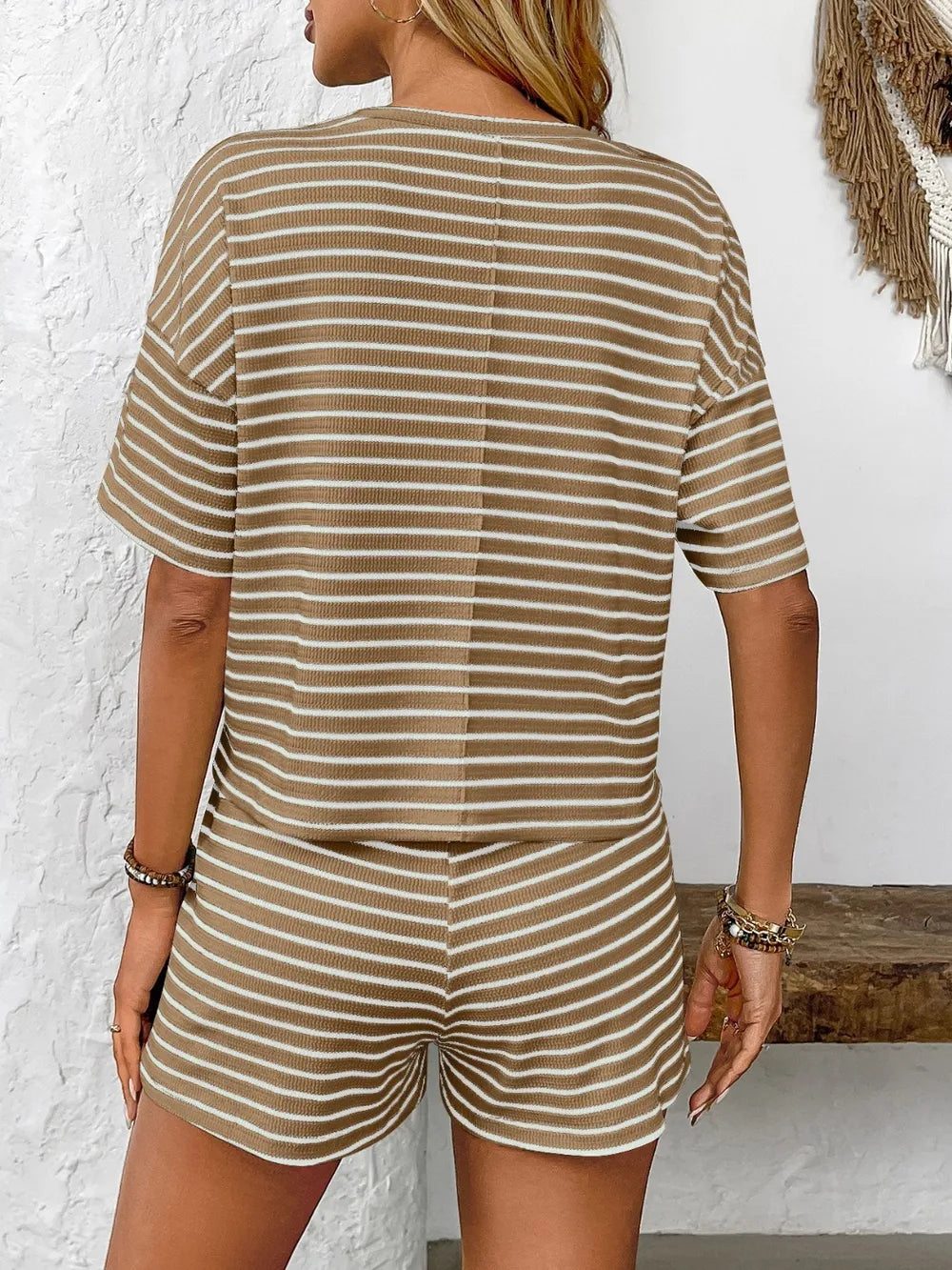 Striped Round Neck Short Sleeve Top and Shorts Set - Fashorio