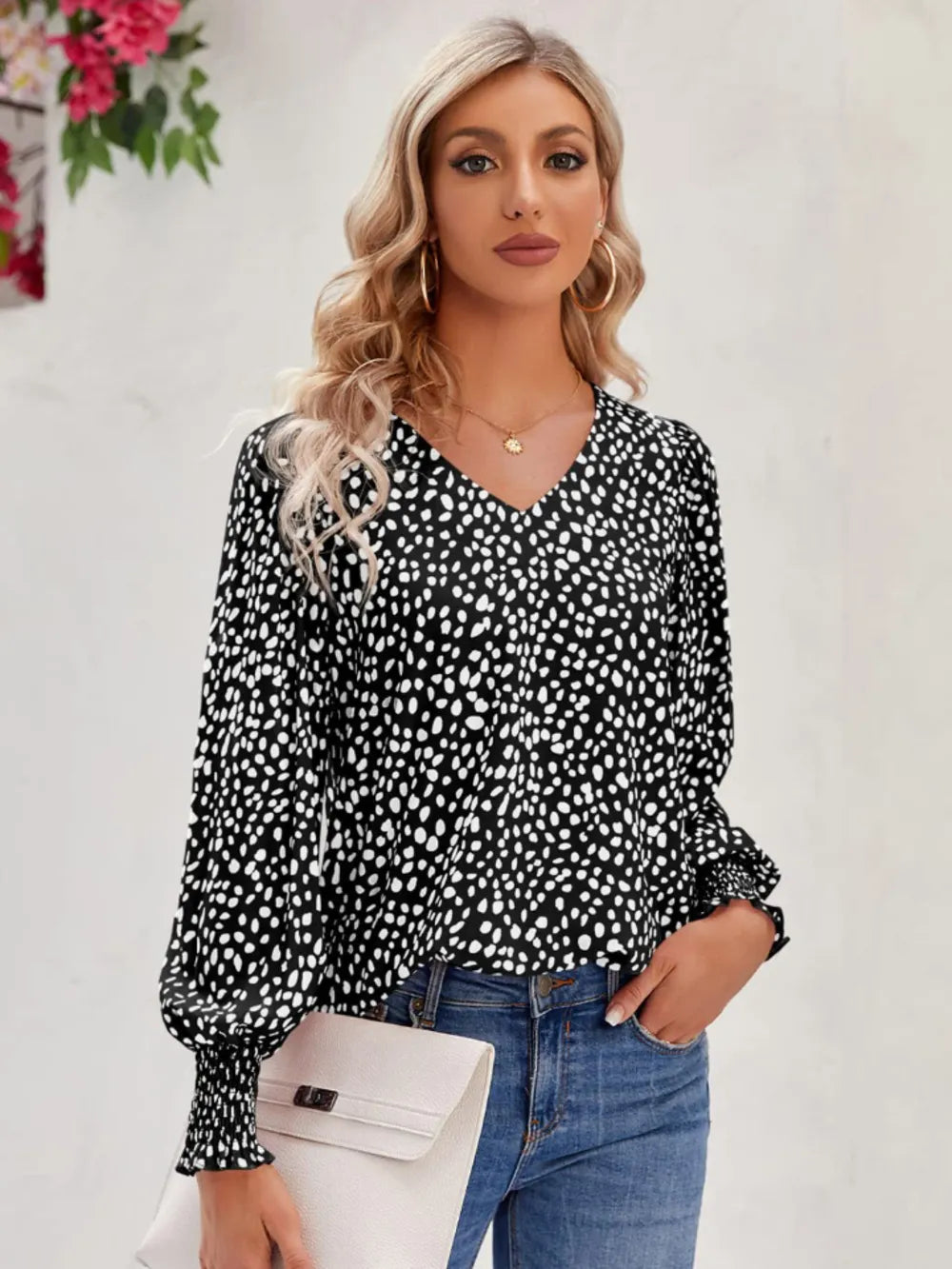 Printed V-Neck Lantern Sleeve Blouse Black - Fashorio