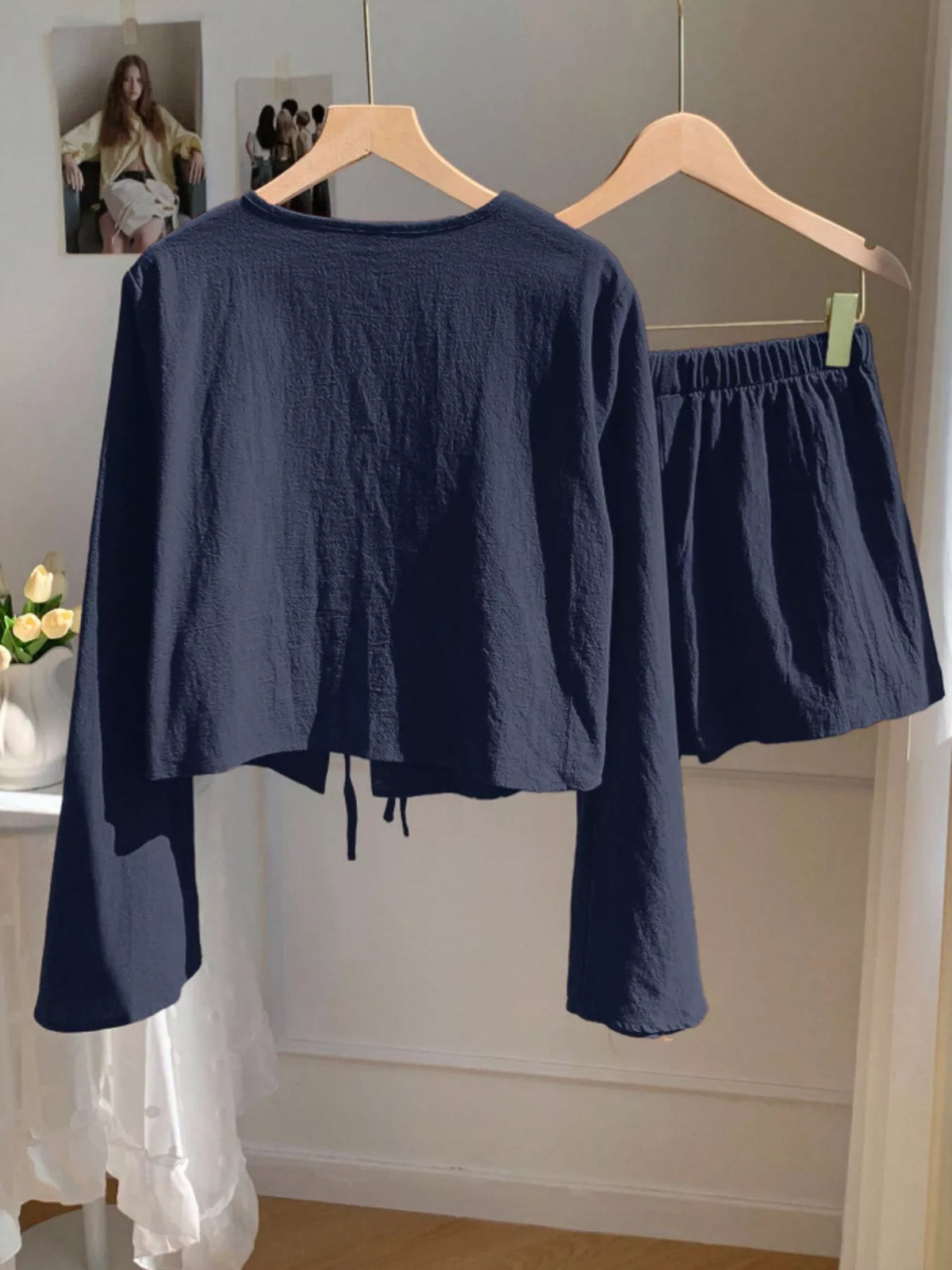 Embroidered Tie Front Top and Shorts Set, view 19