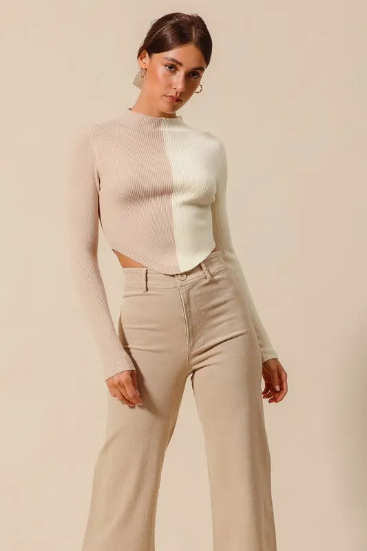 Color Block Fitted Cropped Sweater Top in Taupe and Ivory on model