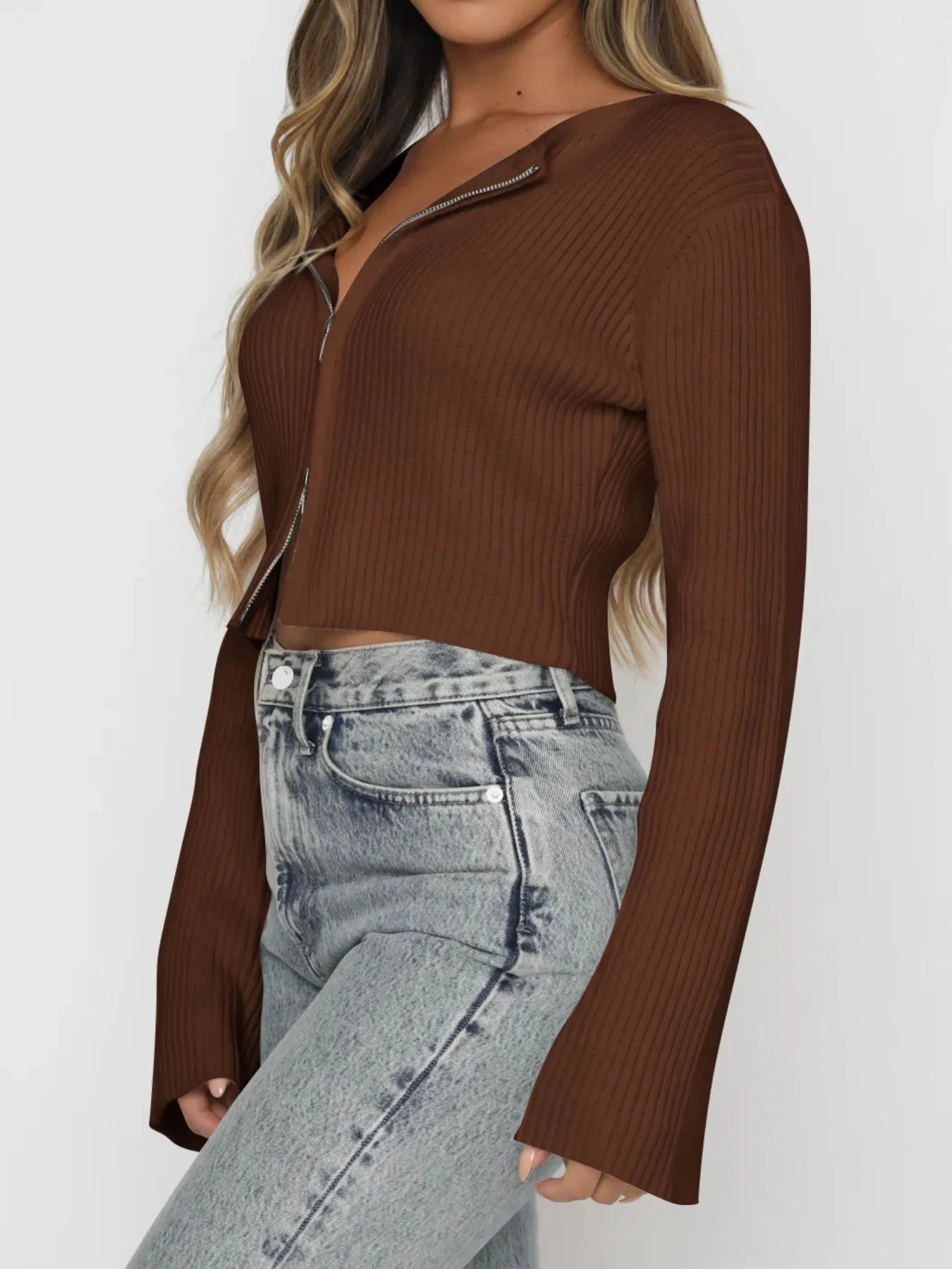 Ribbed Zip-Up Cropped Cardigan - Fashorio
