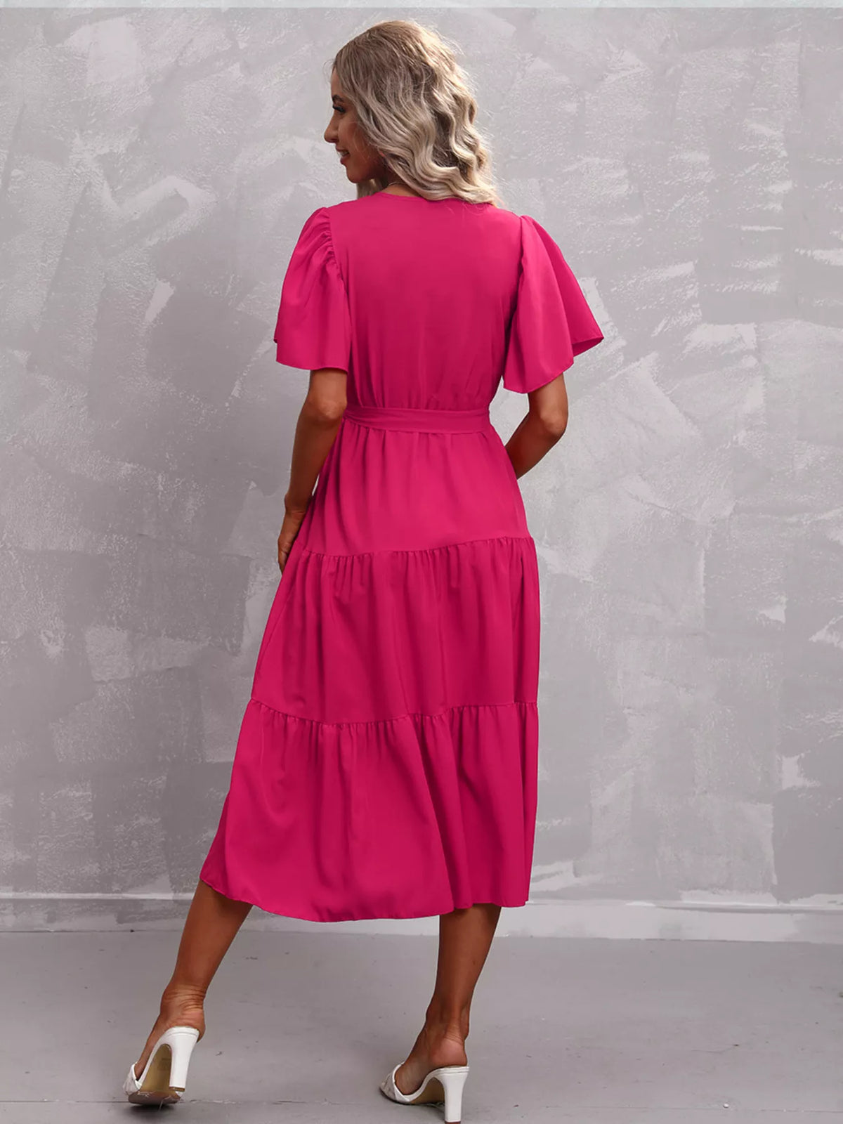 Flutter sleeve tiered midi dress side view