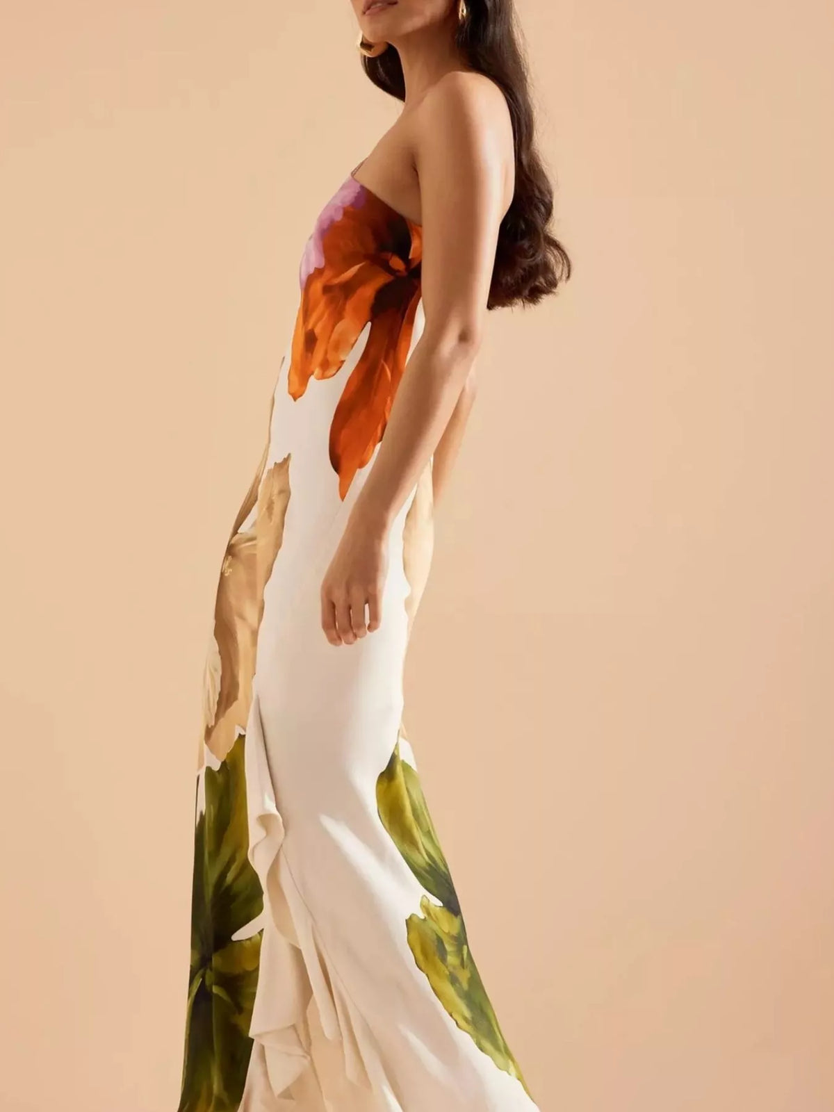 Floral one shoulder ruffle hem maxi dress full length view