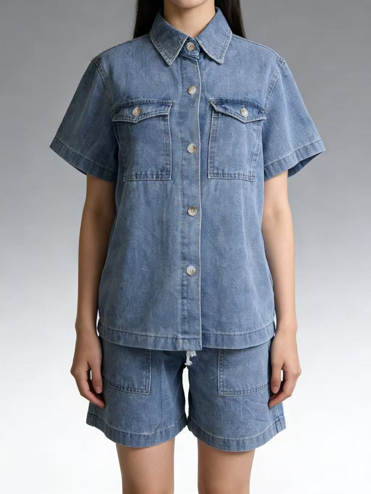 Two piece denim style shorts set pocket detail