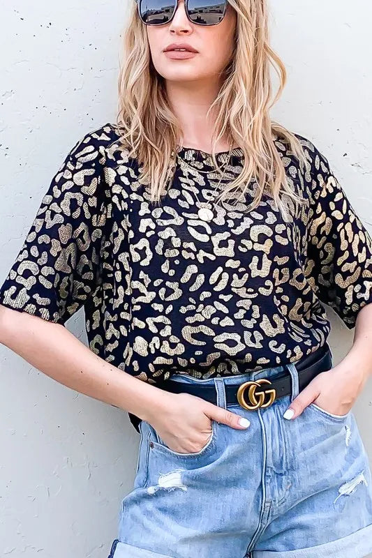 Leopard Foil Print Half Sleeve Sweater Top in Black side view