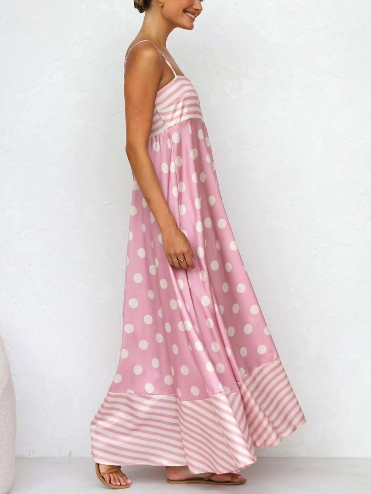printed spaghetti strap maxi dress neckline detail