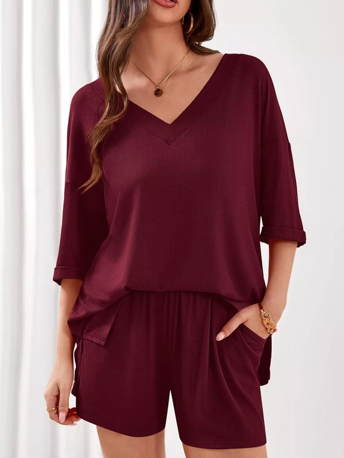 V Neck Top and Shorts Two Piece Set, view 19
