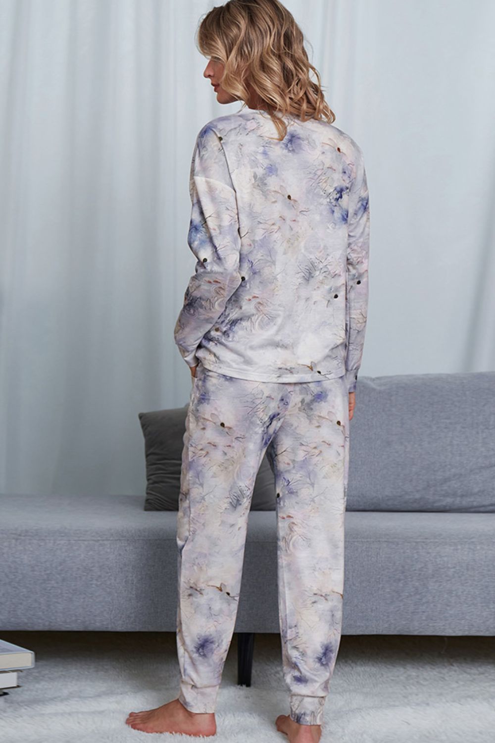 Shiny Tie-Dye Crewneck Top and Drawstring Waist Joggers Lounge Set - Fashorio