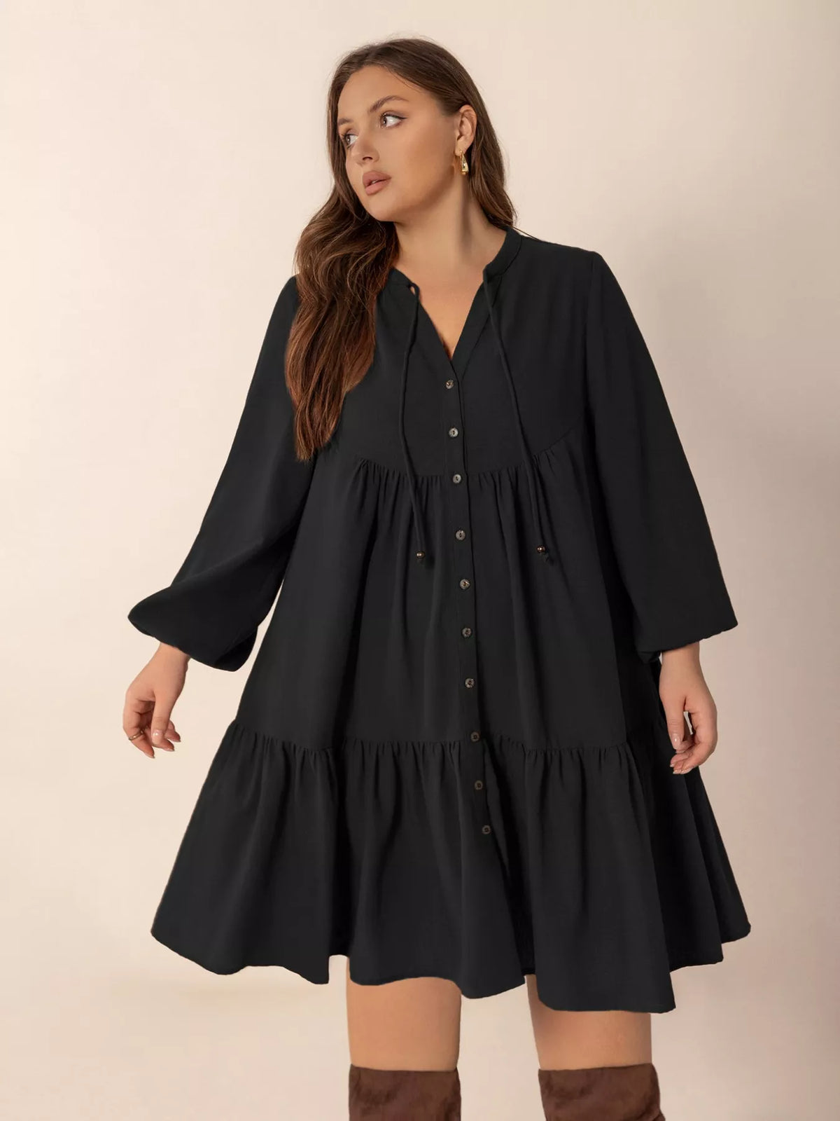 Black balloon sleeve dress side view