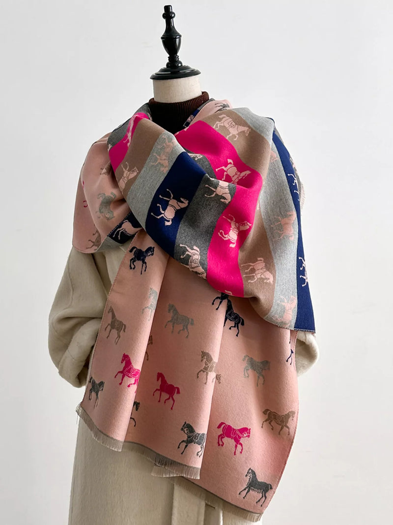Horse print cotton scarf with raw hem edges