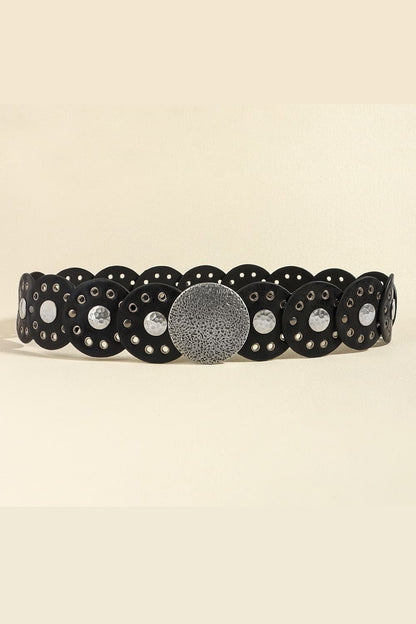 Round Shape PU Leather Belt Black Style A One Size - Fashorio