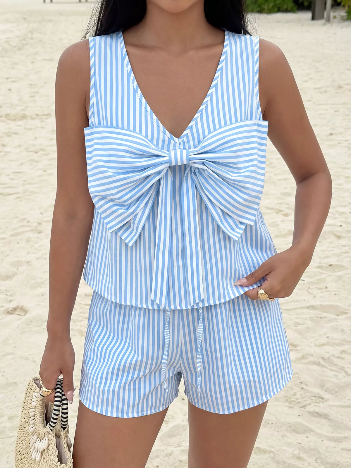 Striped bow sleeveless top and shorts set side view