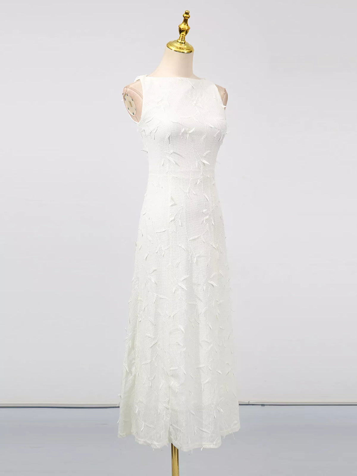 sleeveless floral applique off white midi dress styled outfit view