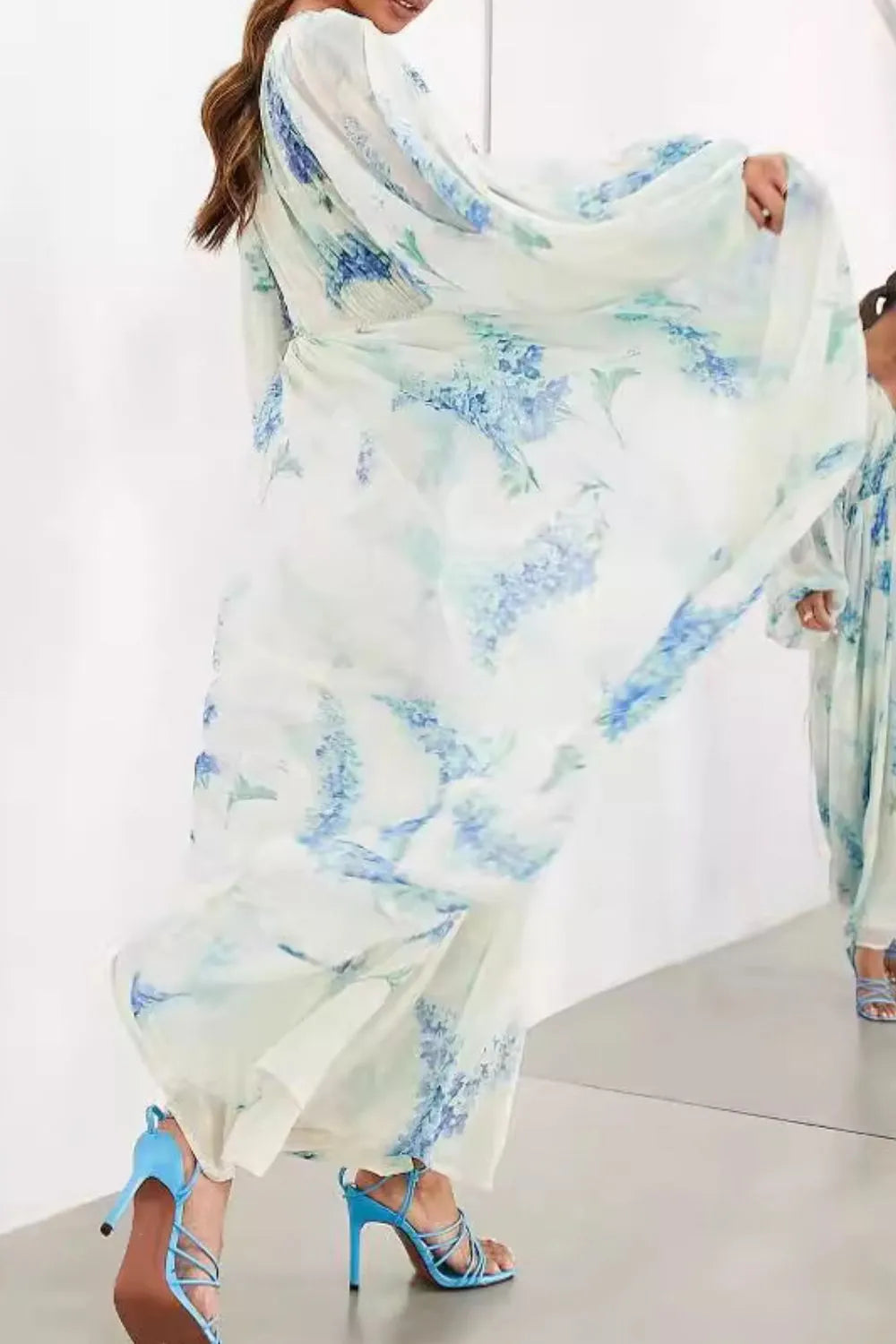 Light blue floral maxi dress balloon sleeve detail