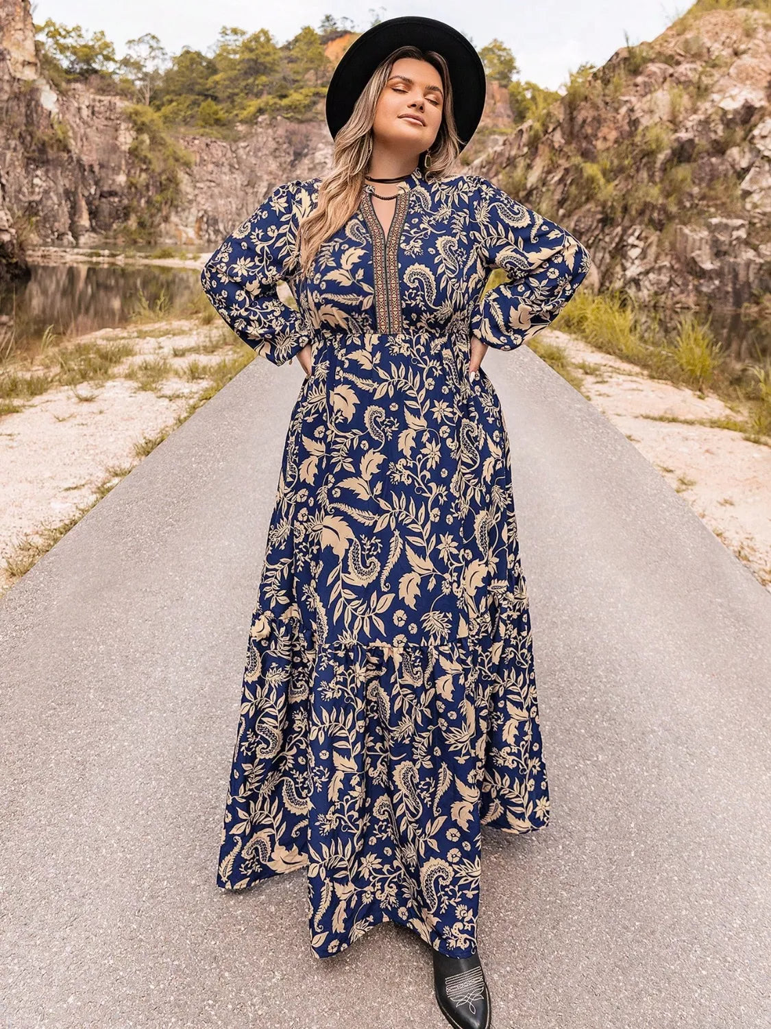 dark blue plus size floral long sleeve maxi dress back view