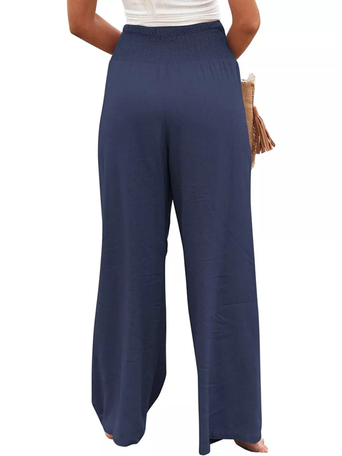 Smocked high waisted wide leg pants full length view