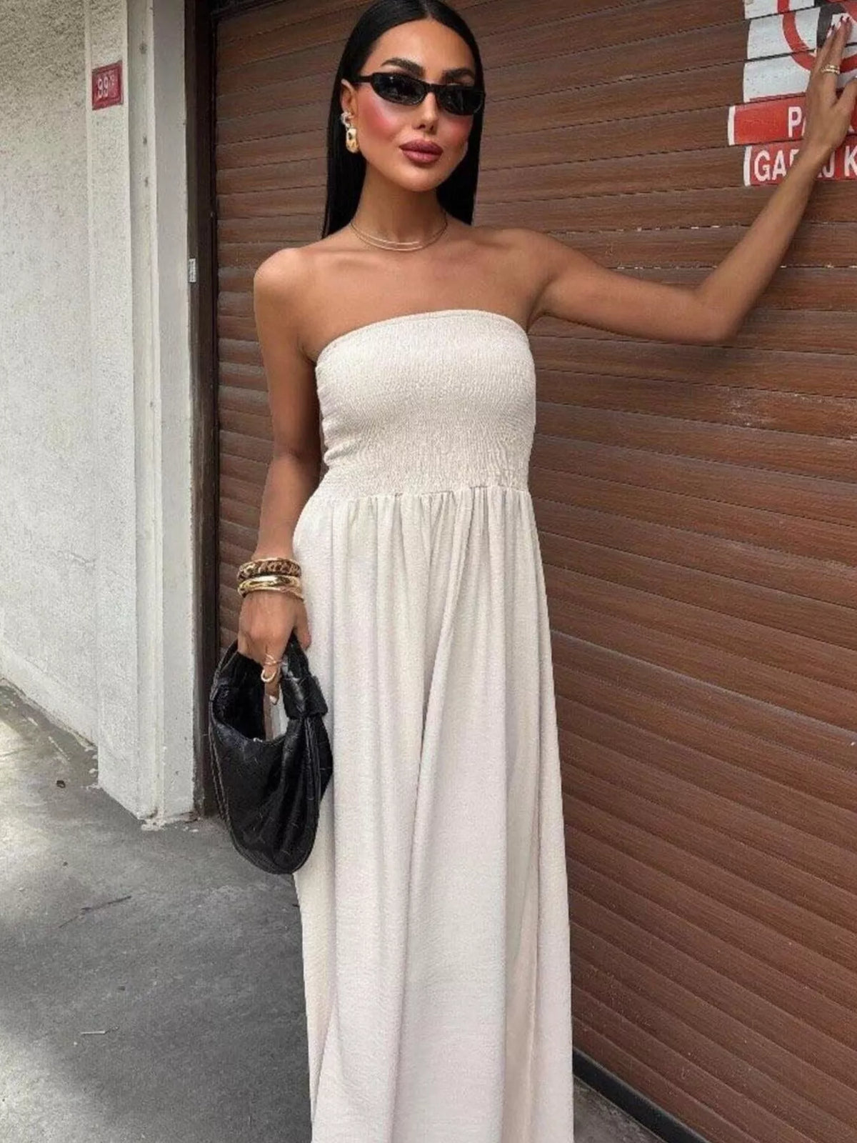 Strapless smocked maxi dress styled view