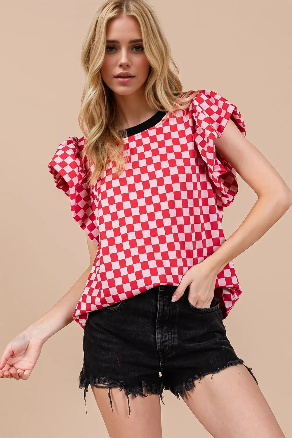 Checkered round neck puff sleeve blouse front view