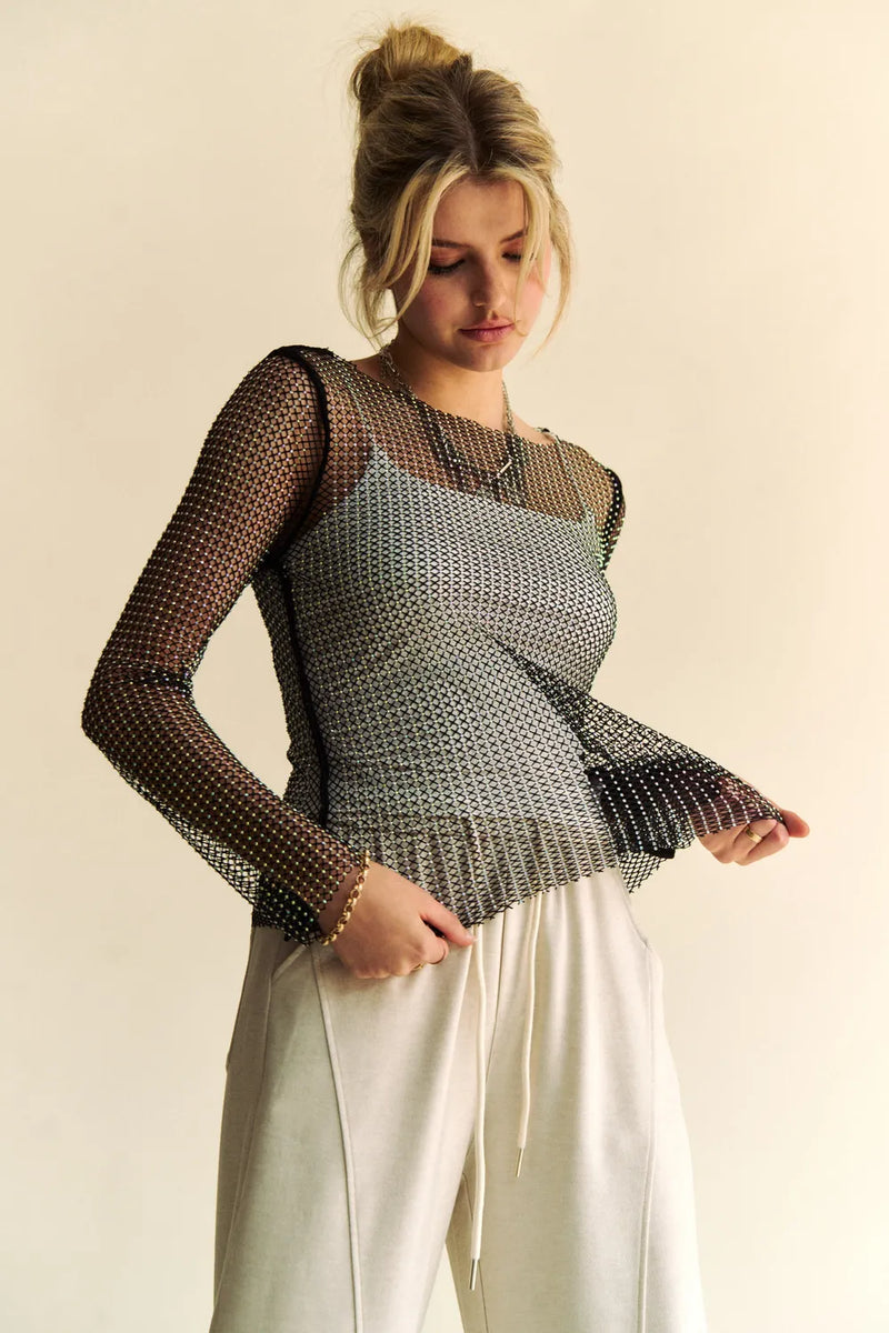 Black rhinestone sheer mesh top front view
