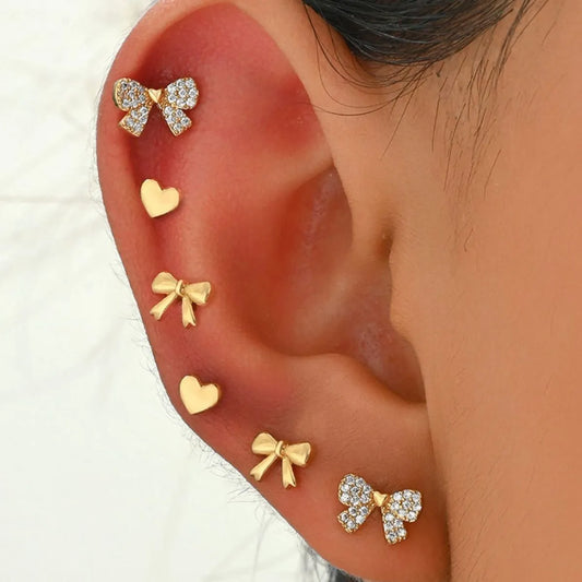6 Piece Bow Heart Stud Earrings Set Gold One Size - Fashorio