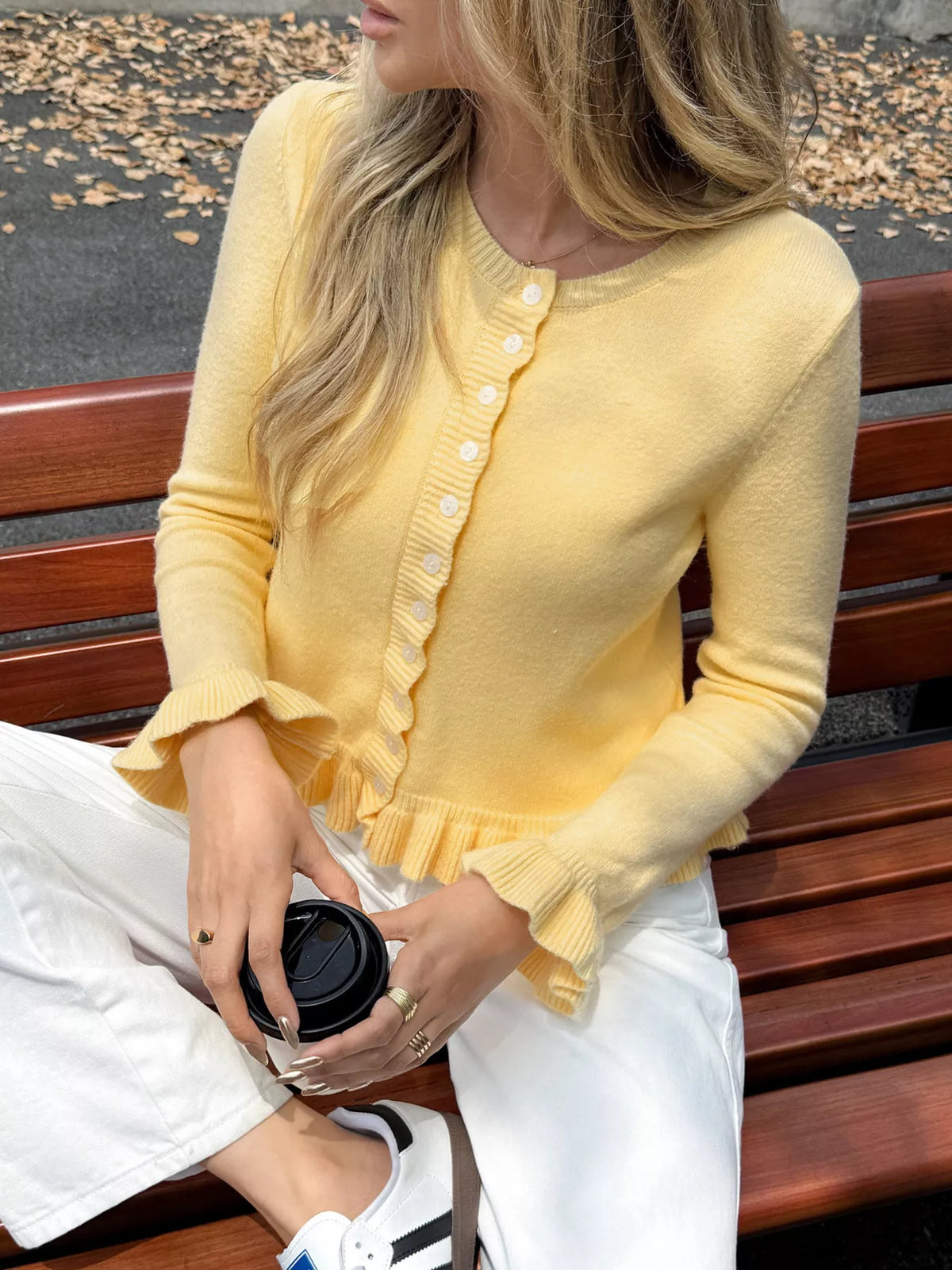 Ruffled Trim Button Up Knit Cardigan, view 10