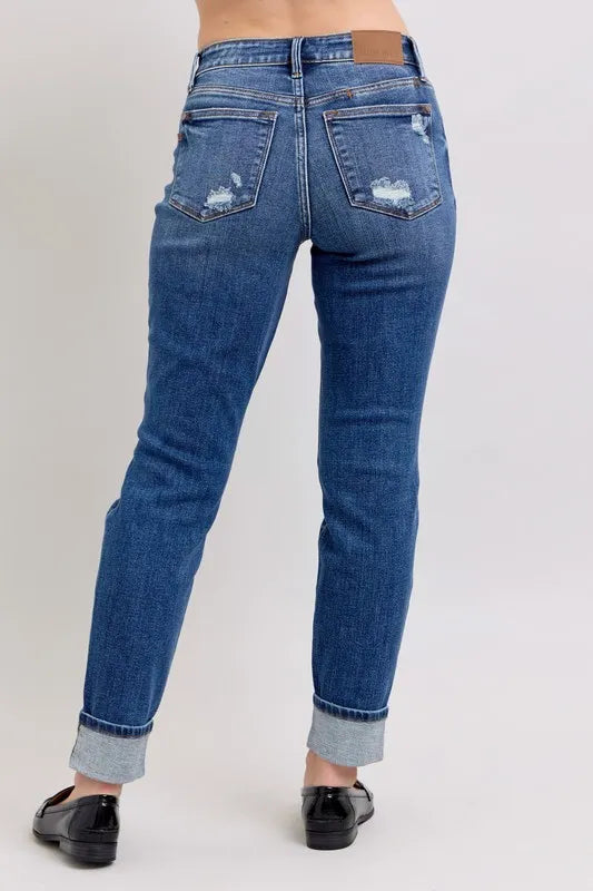 Judy Blue Full Size Mid Rise Boyfriend destroy Jeans with Yoke Pockets and Faux Selvedge Cuff Plus Size - Fashorio