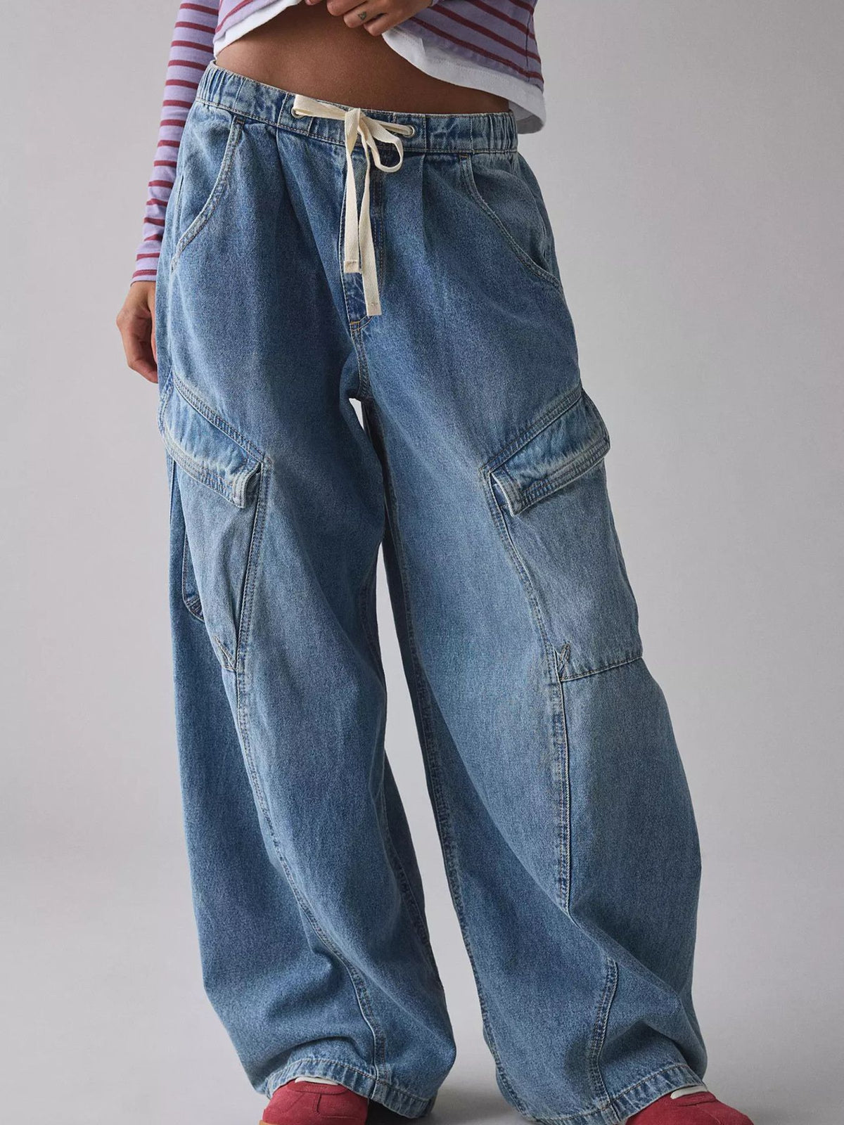 Drawstring waist cargo jeans front view