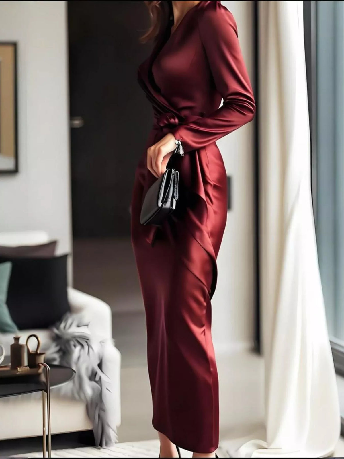 Red satin surplice long sleeve maxi dress side view