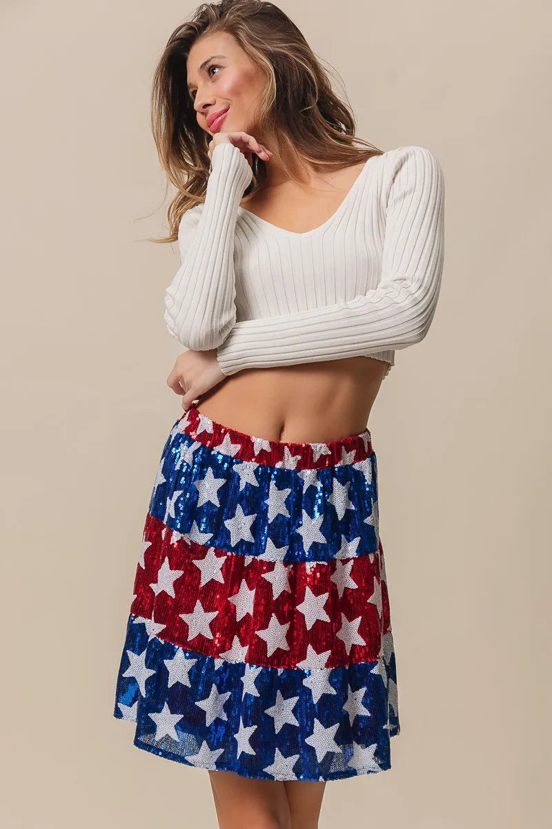 BiBi American Flag Theme Star Sequin Tiered Skirt - Fashorio