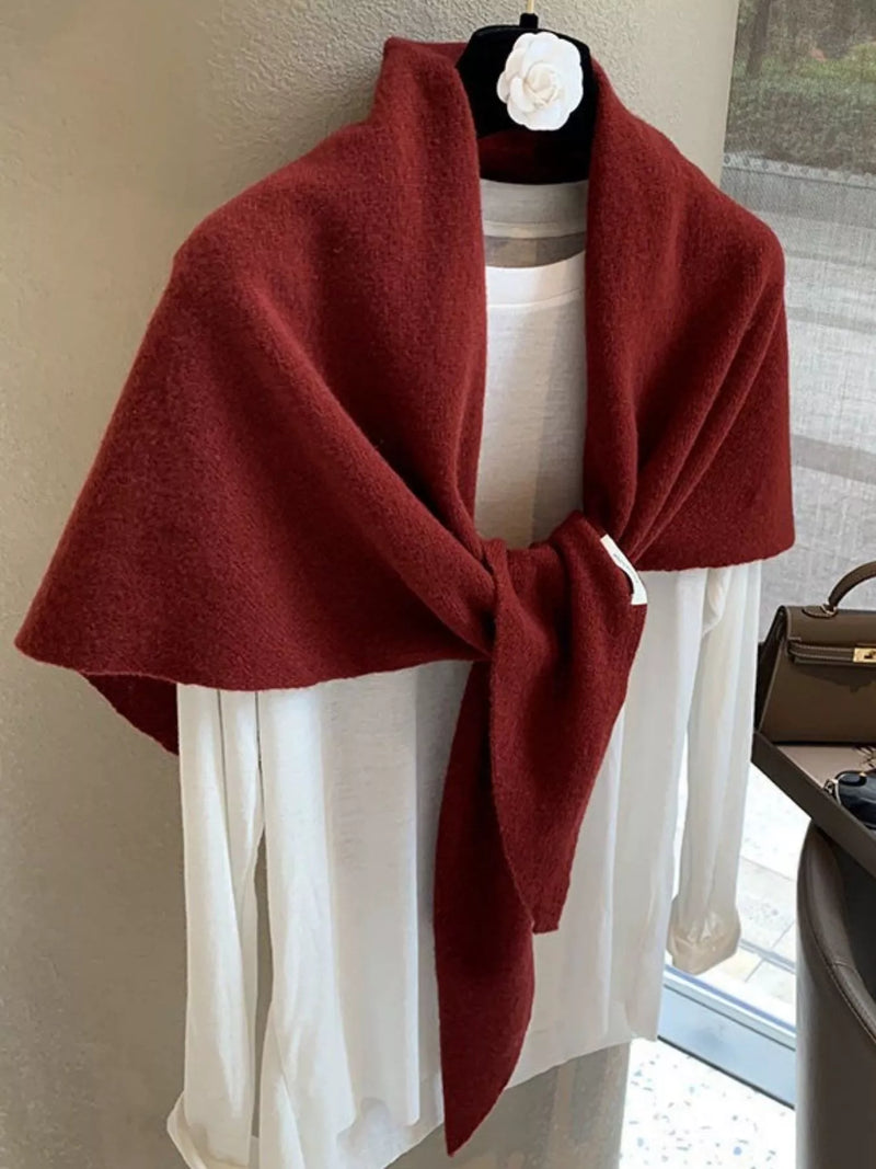 Wool knit scarf shawl front view in red