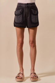 SO ME Mineral Washed Terry High Rise Cargo Shorts CHARCOAL BLACK - Fashorio