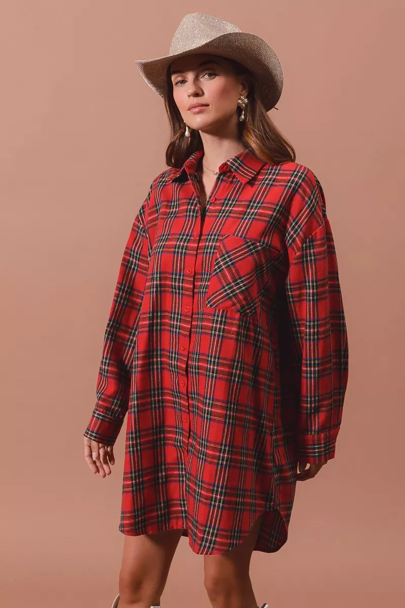 Checker Plaid Button Up Shirt Dress in Red on model