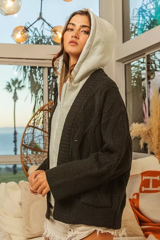 Rhombus Cable Knit Hooded Sweater Jacket side view