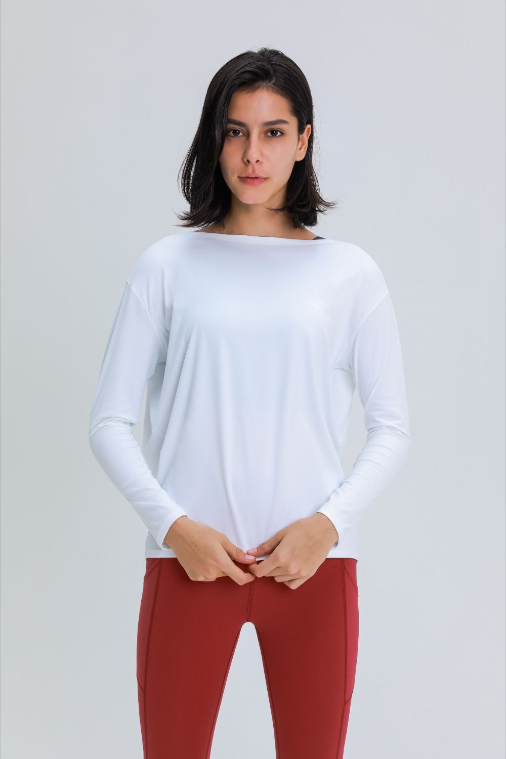 Loose fit active pullover top front view