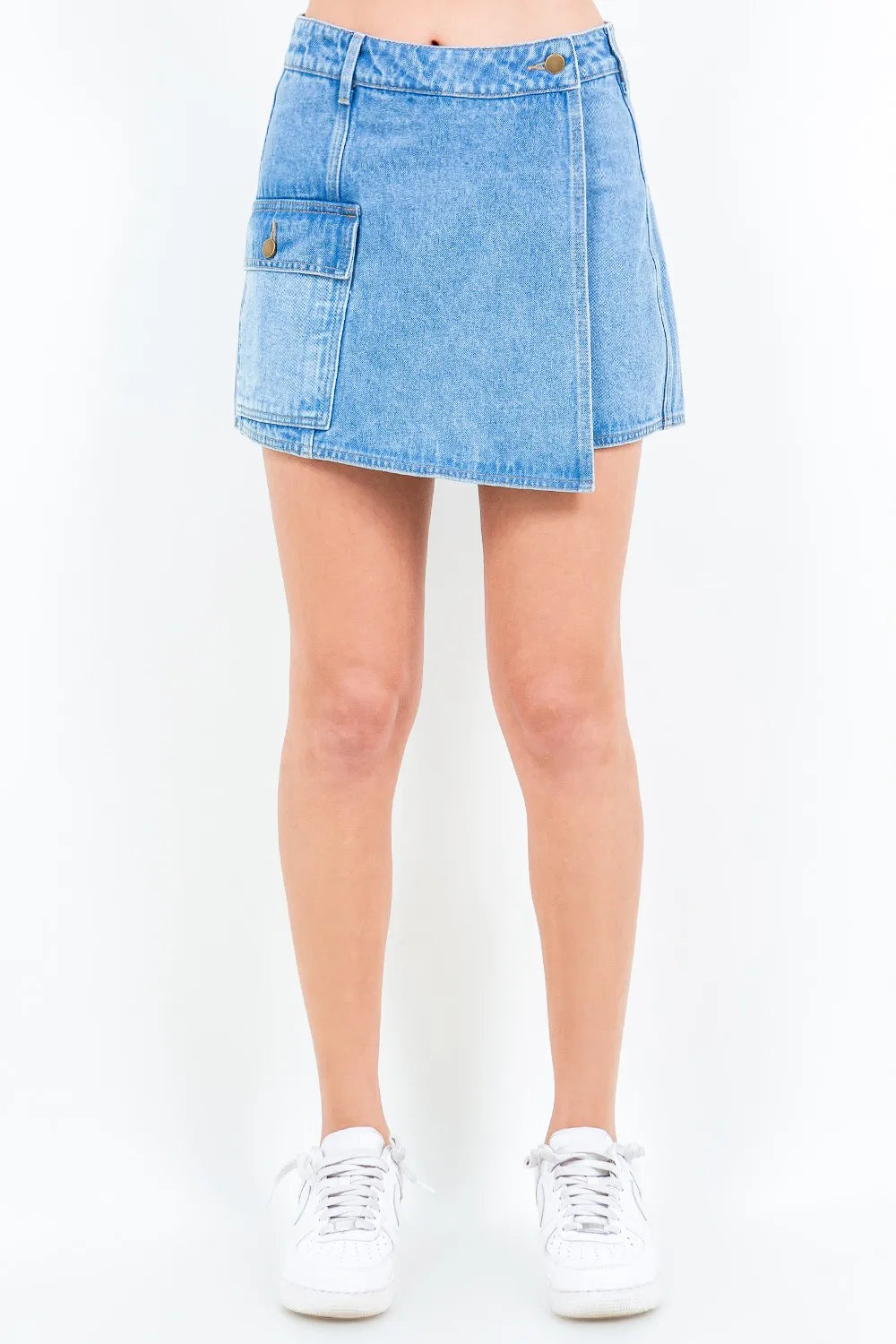 Blue cargo pocket denim skort front view