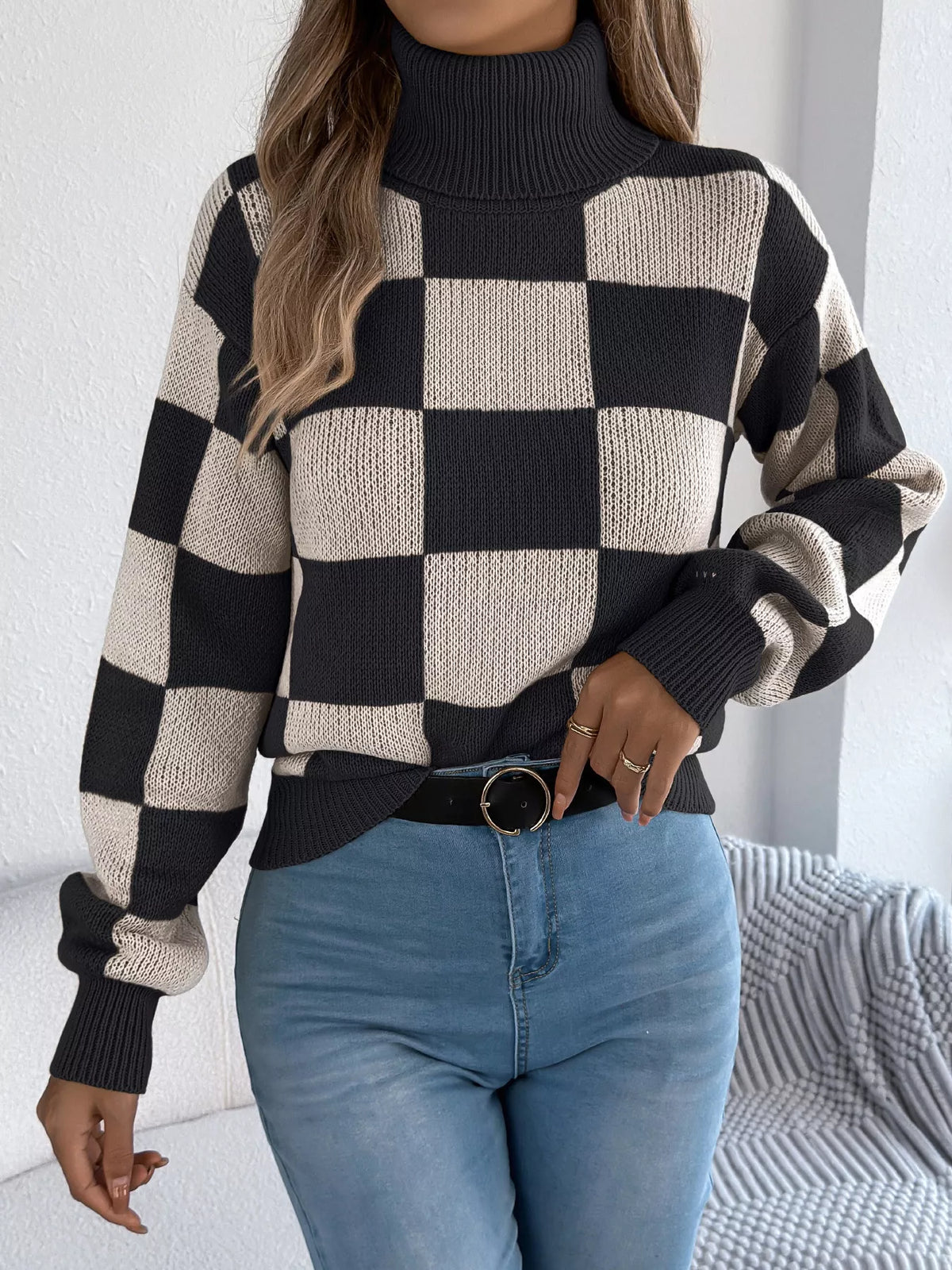 Checkered Turtleneck Long Sleeve Sweater close up