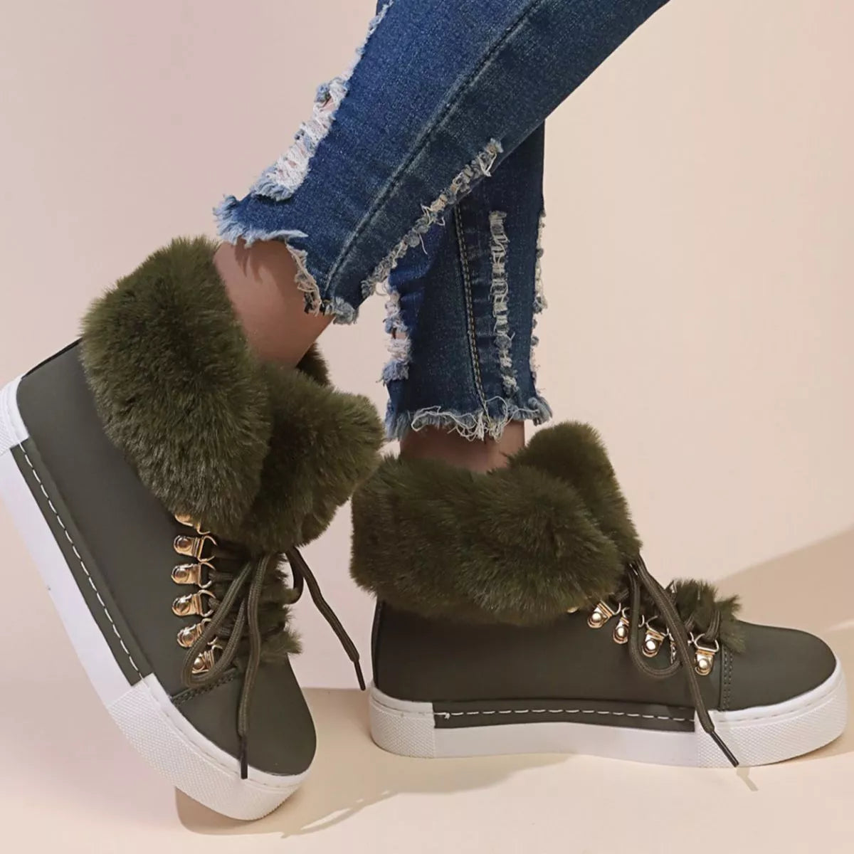 Fuzzy trim lace up ankle boots back heel view