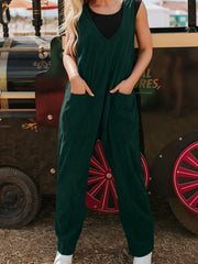 Corduroy V Neck Patched Pocket Sleeveless Jumpsuit Dark Green - Fashorio