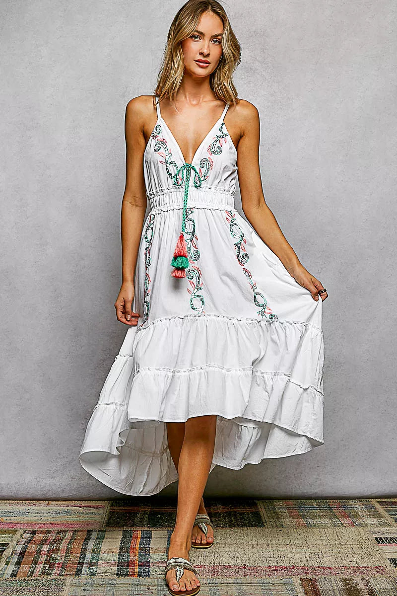 POL embroidered smocked tiered cami dress in ivory front view