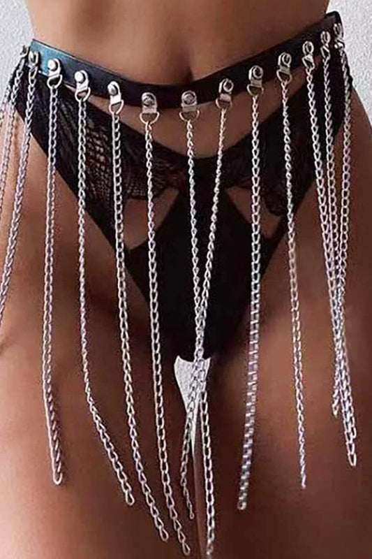 Fringed Chain PU Leather Belt Silver One Size - Fashorio